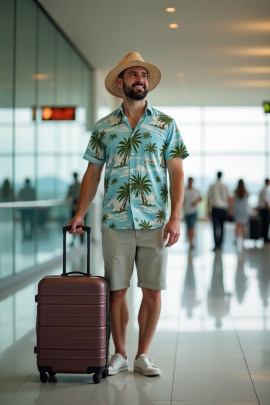 Optimistisch blickender Mann mit Koffer am Flughafen