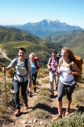 Vier Freunde wandern gemeinsam in den Bergen