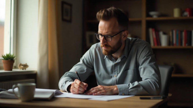 Trauriger Mann sitzt zu Hause am Schreibtisch und schreibt einen Brief