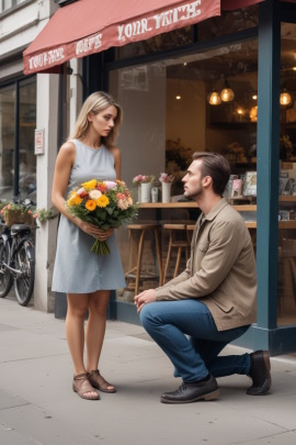Mann kniet vor der Frau, nachdem er ihr einen Blumenstrauß vorm Café überreicht hat