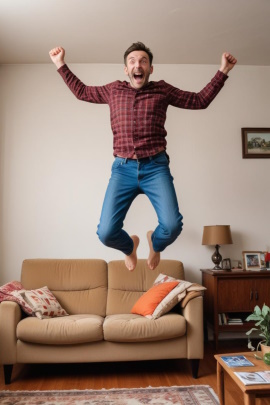 Mann springt fröhlich durchs Wohnzimmer