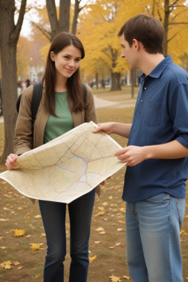Paar steht im Park und schaut gemeinsam auf eine Landkarte