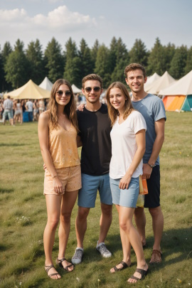 Gruppe von Freunden steht auf einem Festival im Sommer