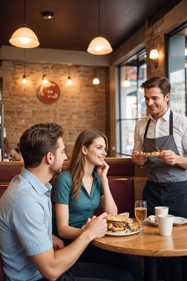 Singles sitzen im Restaurant und sprechen mit Kellner