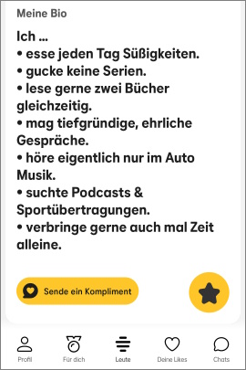 Beschreibungstext bei Bumble mit Aufzählung