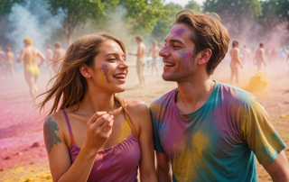 Lachendes Paar steht mit bunter Farbe beschmiert beim Holi-Fest im Park