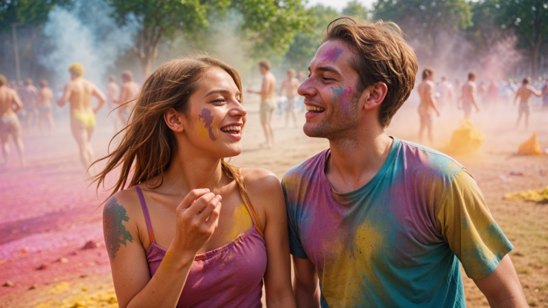 Lachendes Paar steht mit bunter Farbe beschmiert beim Holi-Fest im Park