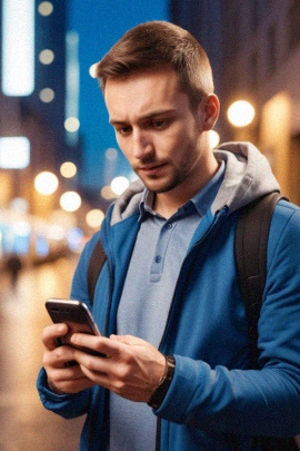 Unglücklicher Mann in der Stadt schaut aufs Smartphone