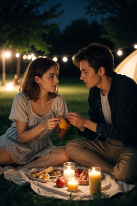 Paar sitzt nachts im Park und macht Picknick vorm Zelt