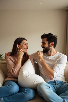 Paar sitzt zu Hause lachend auf dem Sofa