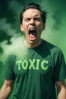 Schreiender Mann im grünen T-Shirt von grünem Dampf umhüllt