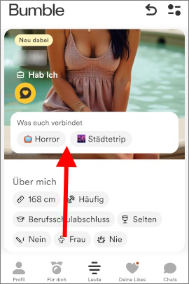 Bumble-Profil einer Frau mit gleichen Interessen wie Mann