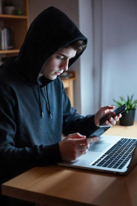 Nerdiger junger Mann sitzt am Laptop mit zwei Handys