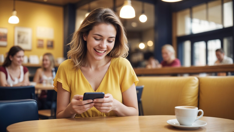Frau sitzt lachend im Café und liest Nachricht am Handy