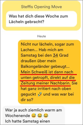 Frau lacht im Bumble-Chat über lustige Nachricht vom Mann