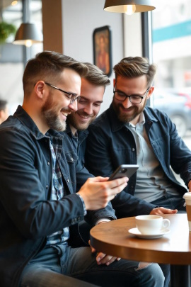 Drei Freunde im Café schauen gemeinsam auf ein Handy