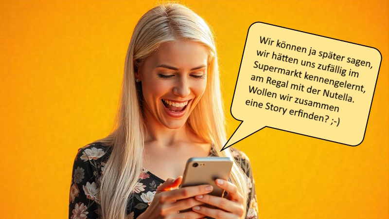 Lachende Frau liest Bumble-Bio des Mannes am Handy