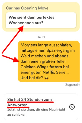 Bumble-Chat mit Opening Move der Frau und Antwort des Mannes