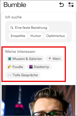 Bumble-Profil eines Mannes mit Angabe von Interessen