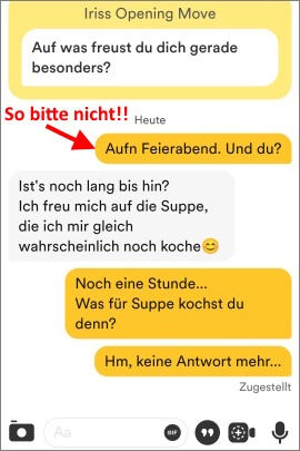 Nutzer schreibt langweilige Nachrichten im Bumble-Chat