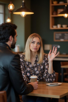 Frau gibt Mann beim Date im Café Zurückweisung mit erhobener Hand