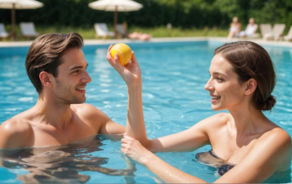 Mann und Frau stehen im Schwimmbecken und spielen mit Tennisball