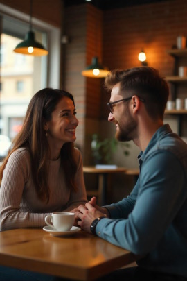 Verliebtes Paar sitzt lächelnd im Café