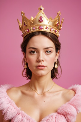 Arrogant blickende Frau mit Krone vor pinkem Hintergrund
