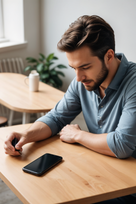 Mann schaut auf sein Handy und überlegt, ob er in die sozialen Netzwerke schauen soll