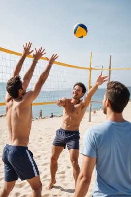 Freunde spielen am Strand Volleyball