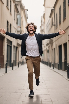 Mann rennt glücklich durch die Straße, weil er sich von emotionaler Abhängigkeit befreit hat
