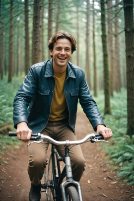 Lachender Mann fährt auf Fahrrad durch den Wald