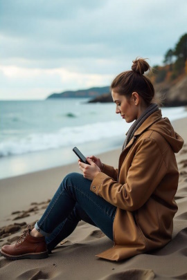 Frau sitzt im Herbst am Strand und schaut aufs Smartphone