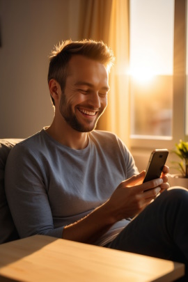 Mann sitzt bei Sonnenuntergang am Fenster und schaut lächelnd aufs Handy