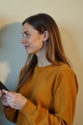 Frau mit Handy steht lächelnd an der Wand