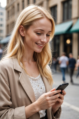 Frau steht in der City und schaut lächelnd aufs Smartphone