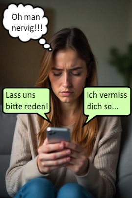 Genervte Frau liest Nachrichten vom Ex-Freund am Handy