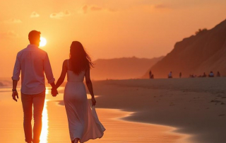 Verliebtes Paar spaziert am Strand bei Sonnenuntergang