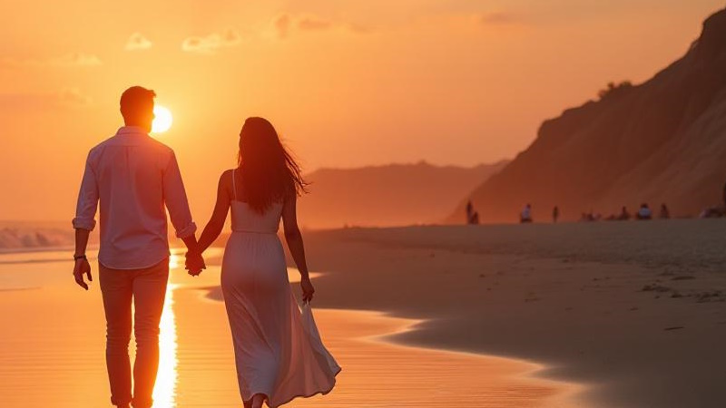 Verliebtes Paar spaziert am Strand bei Sonnenuntergang