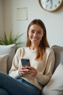 Lächelnde Frau mit Handy sitzt im Wohnzimmer mit großer Uhr an der Wand