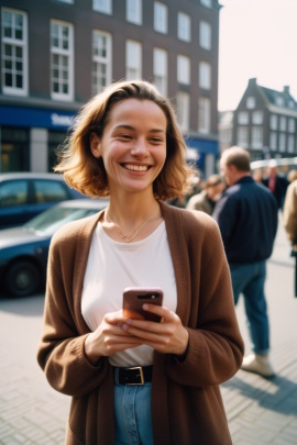 Lächelnde Frau läuft mit Handy durch die Stadt