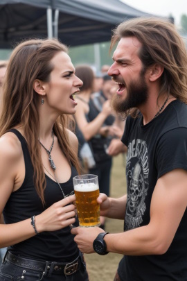 Verärgertes Rocker-Paar streitet sich auf einem Festival