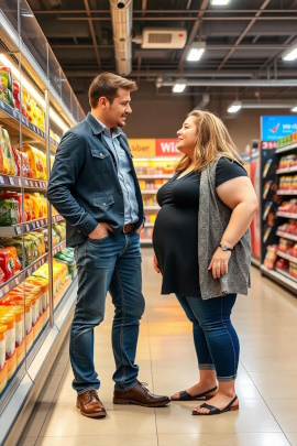 Übergewichtige Frau redet mit dünnem Mann im Supermarkt