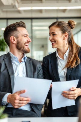 Zwei Kollegen mit Zetteln in den Händen flirten im Büro