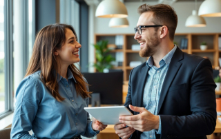 Zwei lächelnde Kollegen flirten im Büro