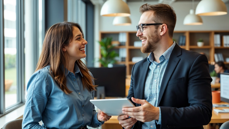 Zwei lächelnde Kollegen flirten im Büro