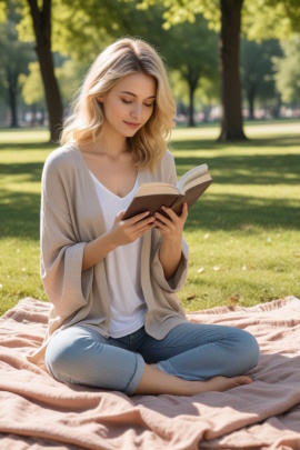 Frau sitzt auf einer Decke im Park und liest ein Buch