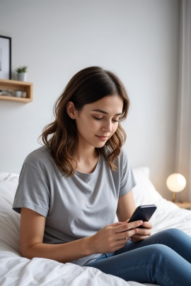 Frau sitzt zu Hause auf dem Bett und liest Nachricht am Handy