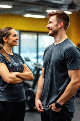 Fröhliches Paar redet miteinander im Gym