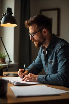 Mann sitzt am Schreibtisch und macht sich Notizen auf Papier